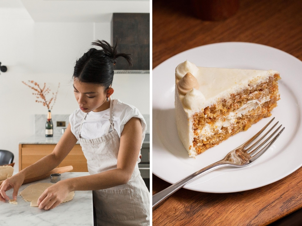 Rêverie Gluten Free Bakery won't just be celebrated by celiacs - Linh Tran rolling out dough and a close up of her carrot cake (photos courtesy of Rêverie Gluten Free Bakery)