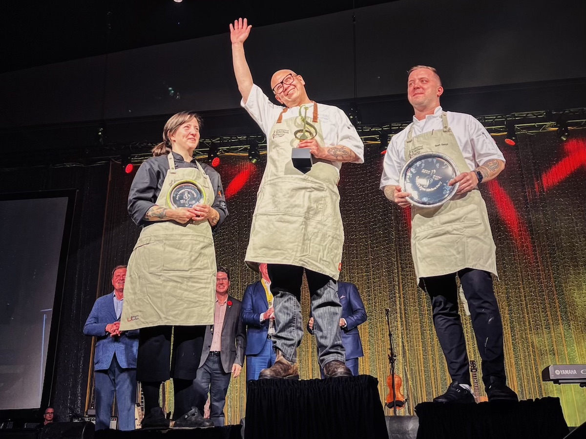 Chef Ed Lam of Yujiro wins Canada’s Great Kitchen Party Winnipeg gold - From left: Chefs Pam Kirkpatrick (bronze), Ed Lam (gold) and Brent Genyk on the podium (photo by Rachel King)