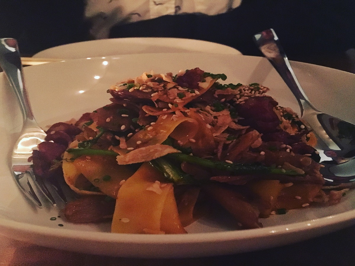 New & Notable: a first look at Máquè - Fresh fettuccine whipped together with crispy asparagus and beets, showered in a vinaigrette, topped with sesame seeds 