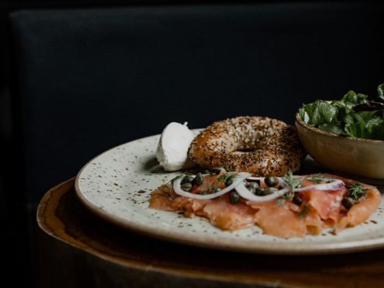 Blaze Bistro in the Delta is all house made for the hotel  - House cured-and-smoked salmon with a Bagelsmith bagel (Delta Hotels Winnipeg/Lynette.Photographer)