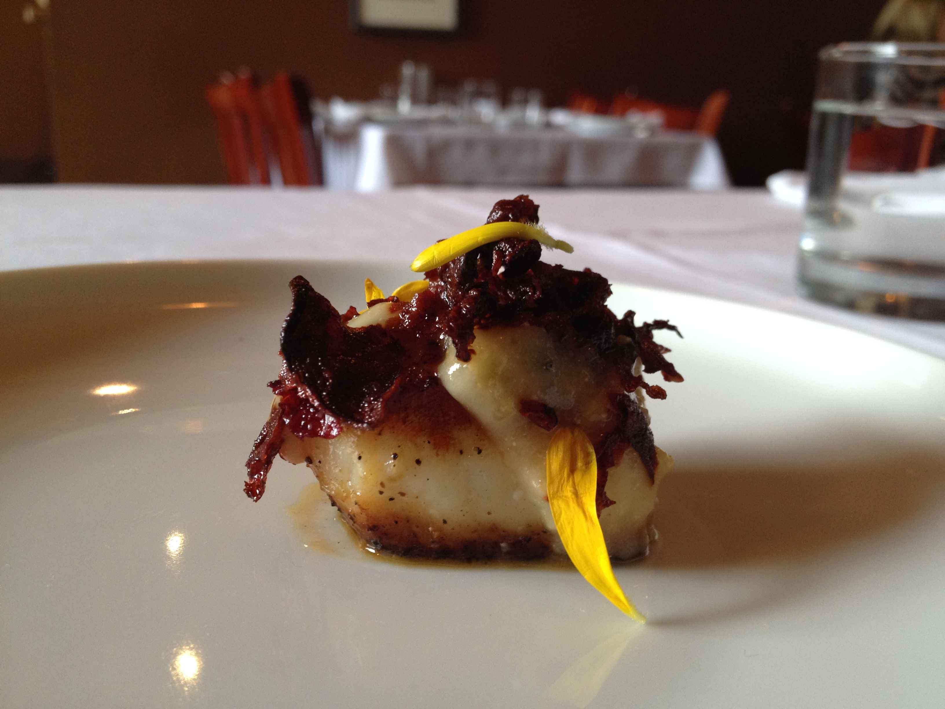 Seared scallops with saffron cauliflower, beet chips and preserved lemon at Chew.