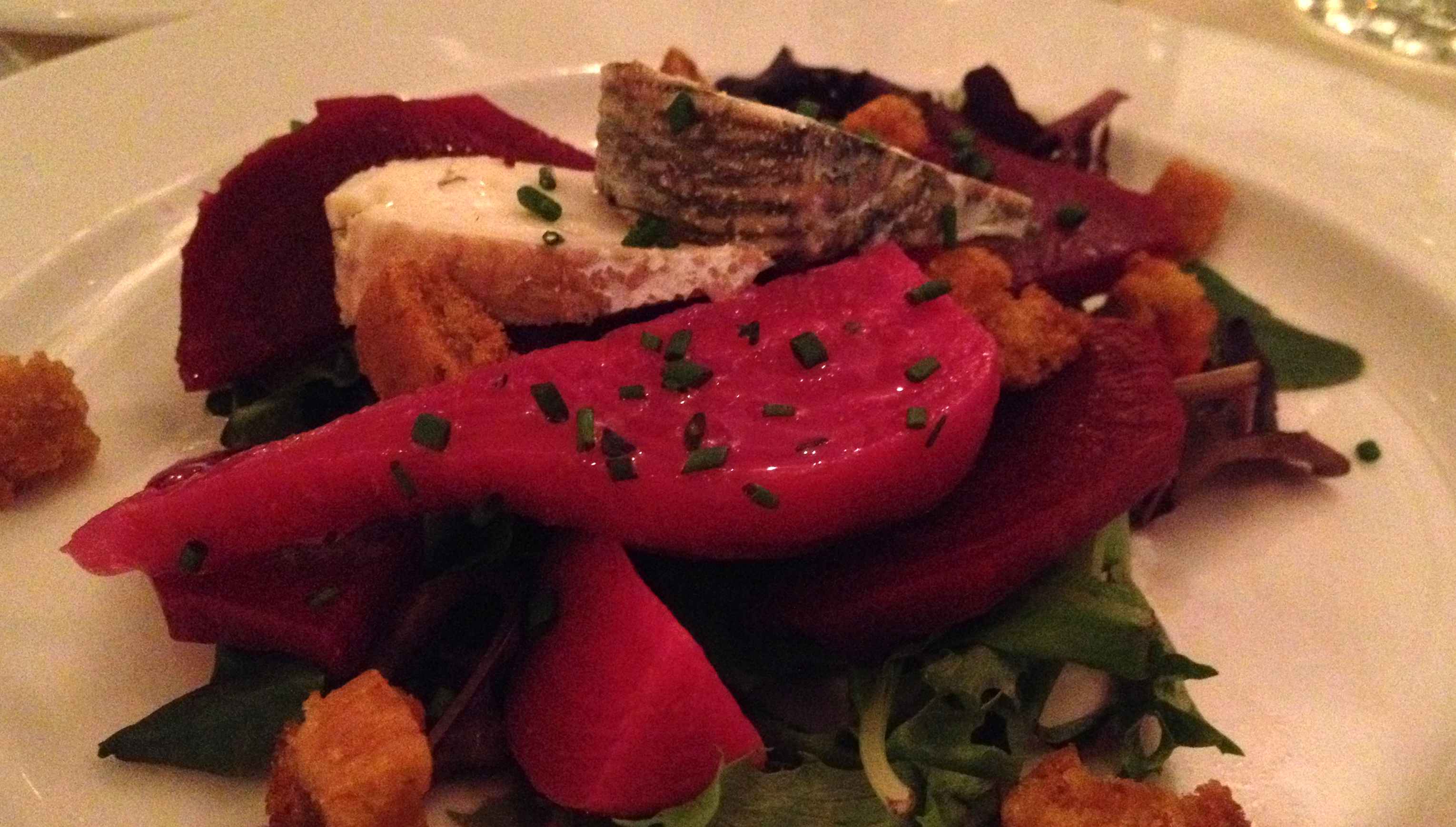 Beet salad with ripened goats cheese and pumpkin croutons at Fusion Grill.
