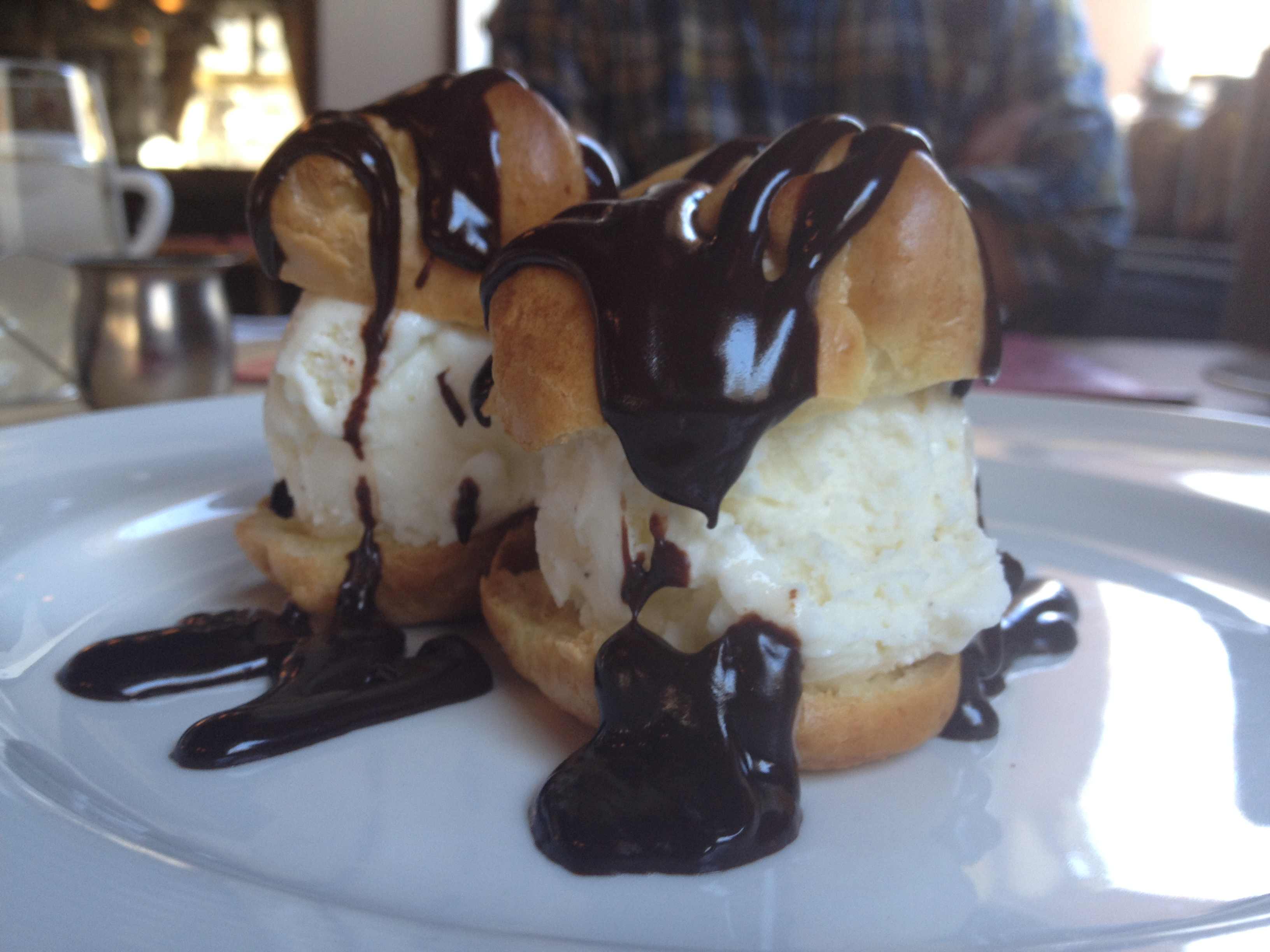 Profiteroles with vanilla bean ice cream and chocolate sauce, Peasant Cookery. (Photo by Robin Summerfield.)