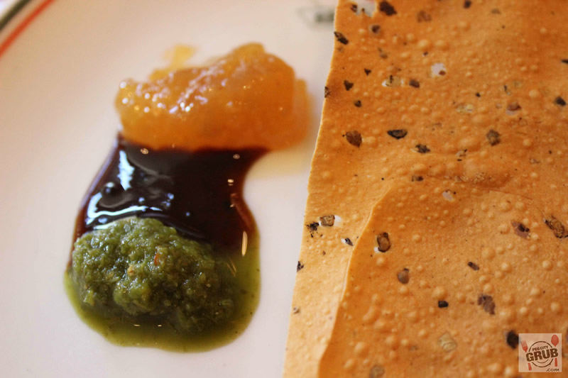 Mango chutney (top), tamarind sauce (middle) and spicy cilantro sauce at East India Company.