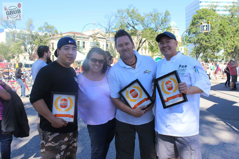Food Truck Wars 2014 Winners: Roddy Seradilla from Pimp my Rice (left); Robin Summerfield, Peg City Grub; Derrek Collins from Poutine King; and Edward Lam from Waki Temaki. 