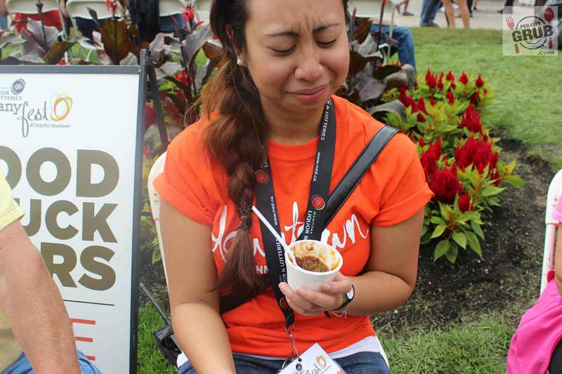 Rose Dominguez after sampling our very last bite at ManyFest 2014's Food Truck Wars. (The pork and beans from BBK were actually quite good.) 