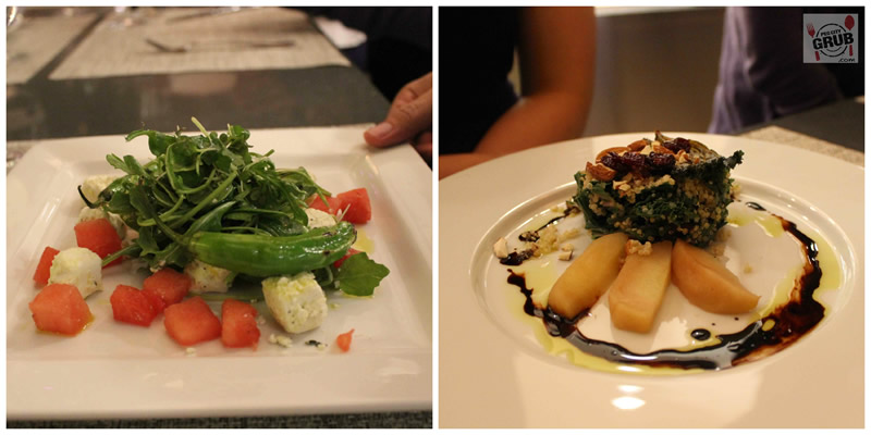 Arugula salad (left) with compressed watermelon, blistered shisito peppers and prosecco vinaigrette. Harvest salad (right) with kale, apple, almond, quinoa, dried cherry and red apple balsamic. 