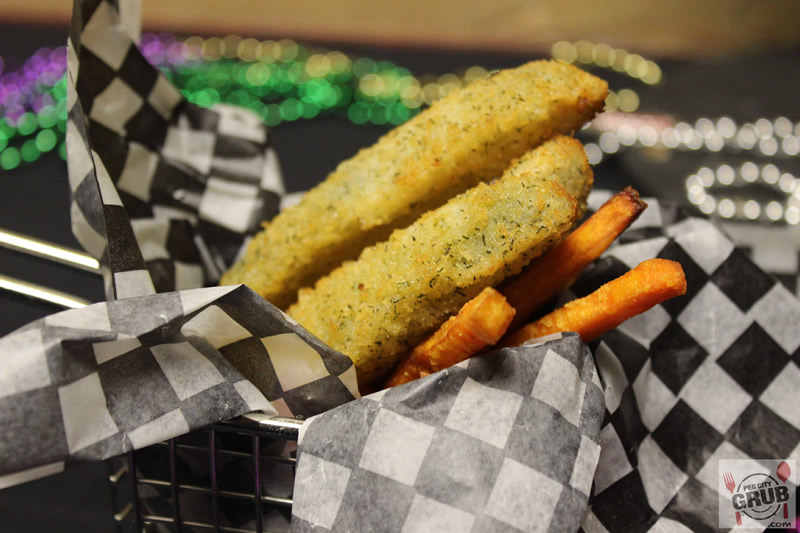 Deep fried pickles and sweet potato fries at Mardi Gras.