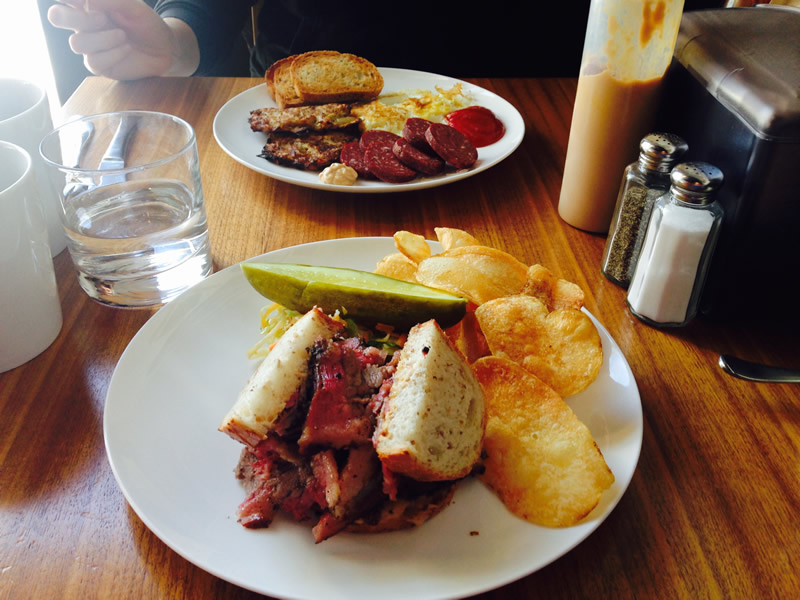 The Earl Barish platter in the foreground with the breakfast special featuring the house made beef salami in the background from Sherbrook St. Deli (PCG)