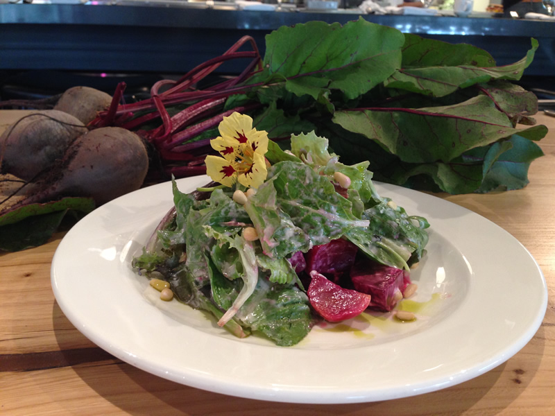 The Beets by ERA salad, along with a fresh bunch pulled from the ground just minutes before (PCG)
