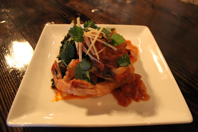 pan seared prawns, tomato ginger, pickled kale, and carrot and ginger purée (PCG)