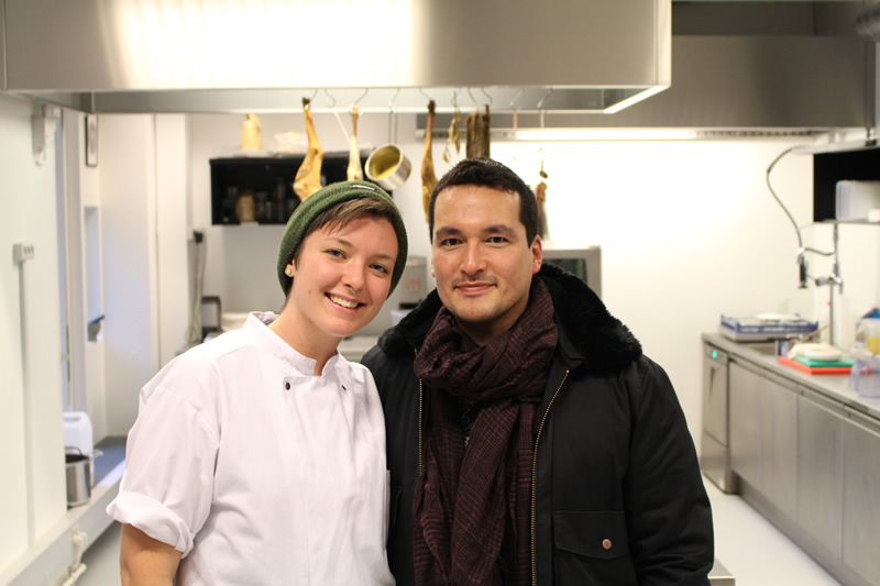 Sigrithur with Kim Falck Petersen from the Greenlandic Embassy in Copenhagen after he taught her how to cook seal meat (Nordic Food Lab) 