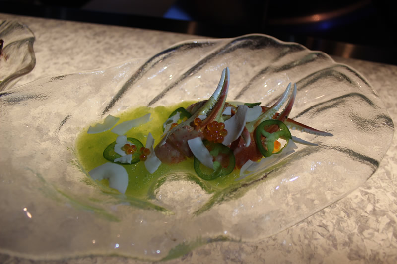 a sampling of the chilled snow crab, cucumber gazpacho, fish roe, shaved coconut (PCG)