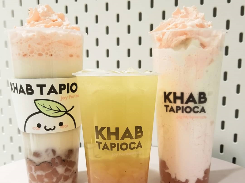 Khab Tapioca - Hot Vanilla bean with strawberry whip, Fresh Sakura green tea, Vanilla bean smoothie with strawberry whip