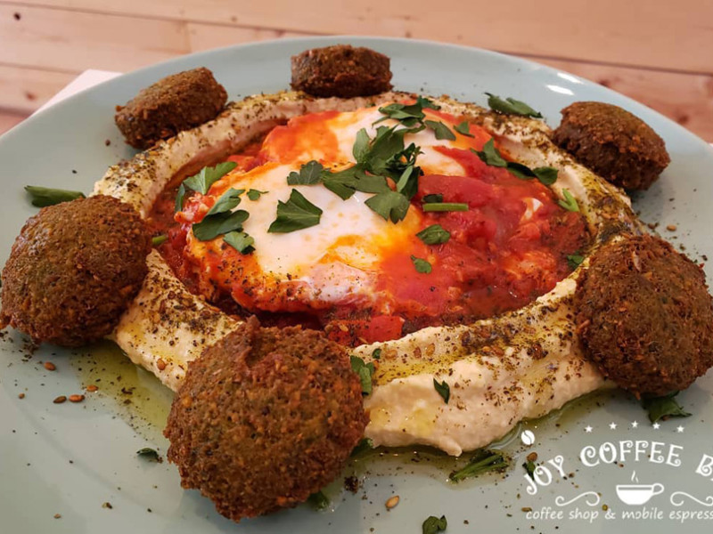 Shakshuka-hummus and falafel - Photo by Joy Coffee Bar